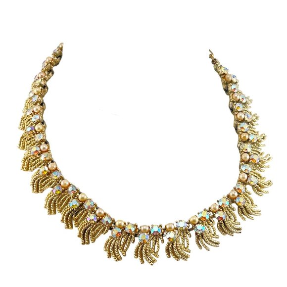 Coro Aurora Borealis Choker Necklace from 1950's with Faux Pearls - Picture 6 of 8